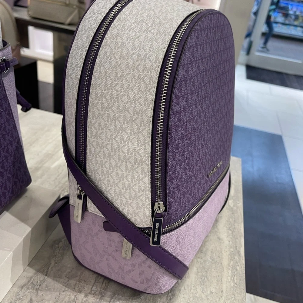 MICHAEL KORS Rhea Md Zip Color-Block Signature Logo Backpack Dark Purple MLT NWT